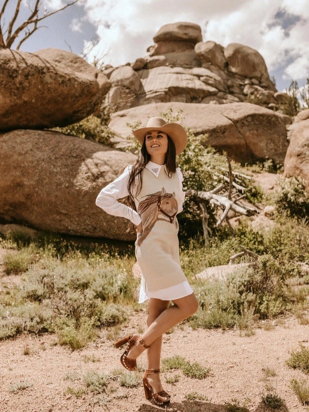NWT Blush Out West El Caballo (Cream) ShirCream Horse-Graphic Midi Dress - Cream